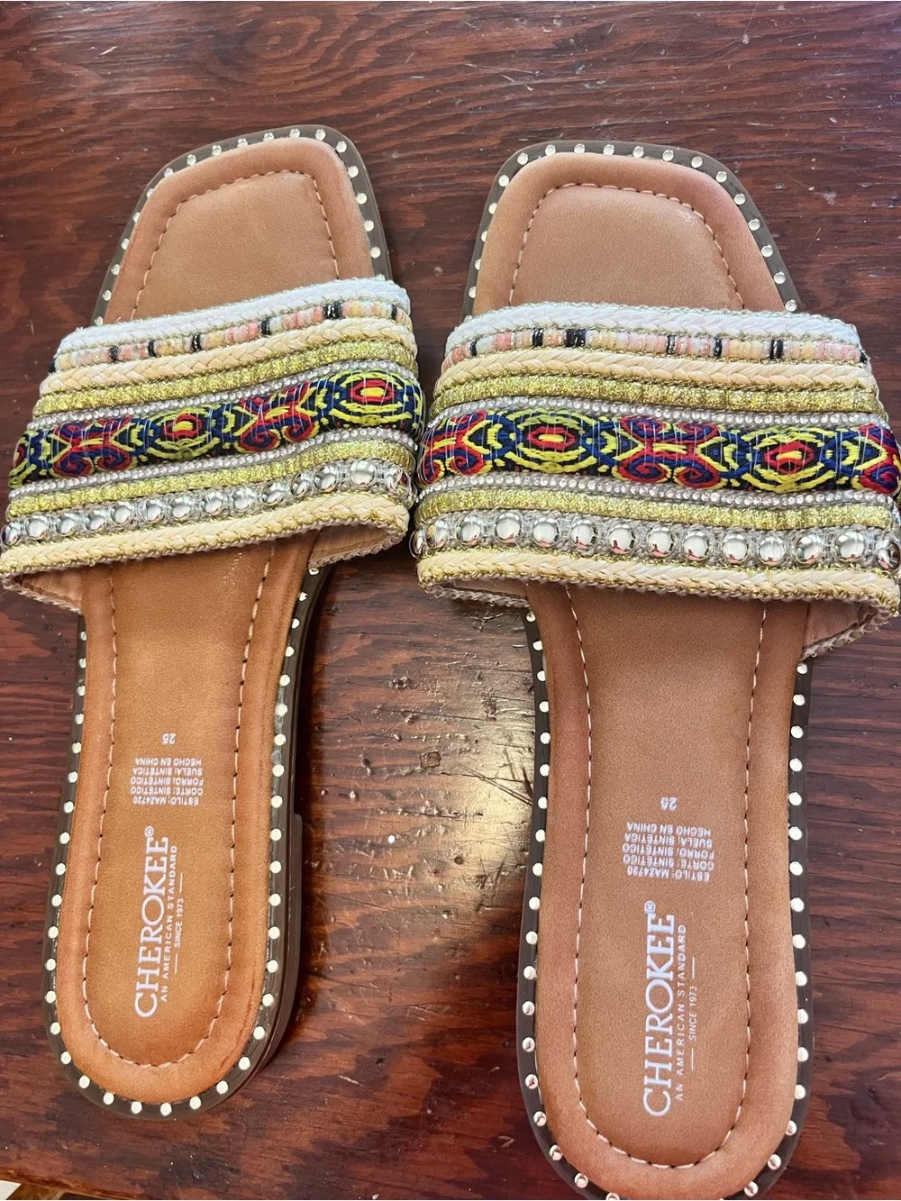 Cherokee Embellished Tan Slide Sandals with Multicolor Beaded Strap Size 9